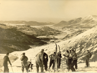 Competitors prepare for a 1947 slalom event...